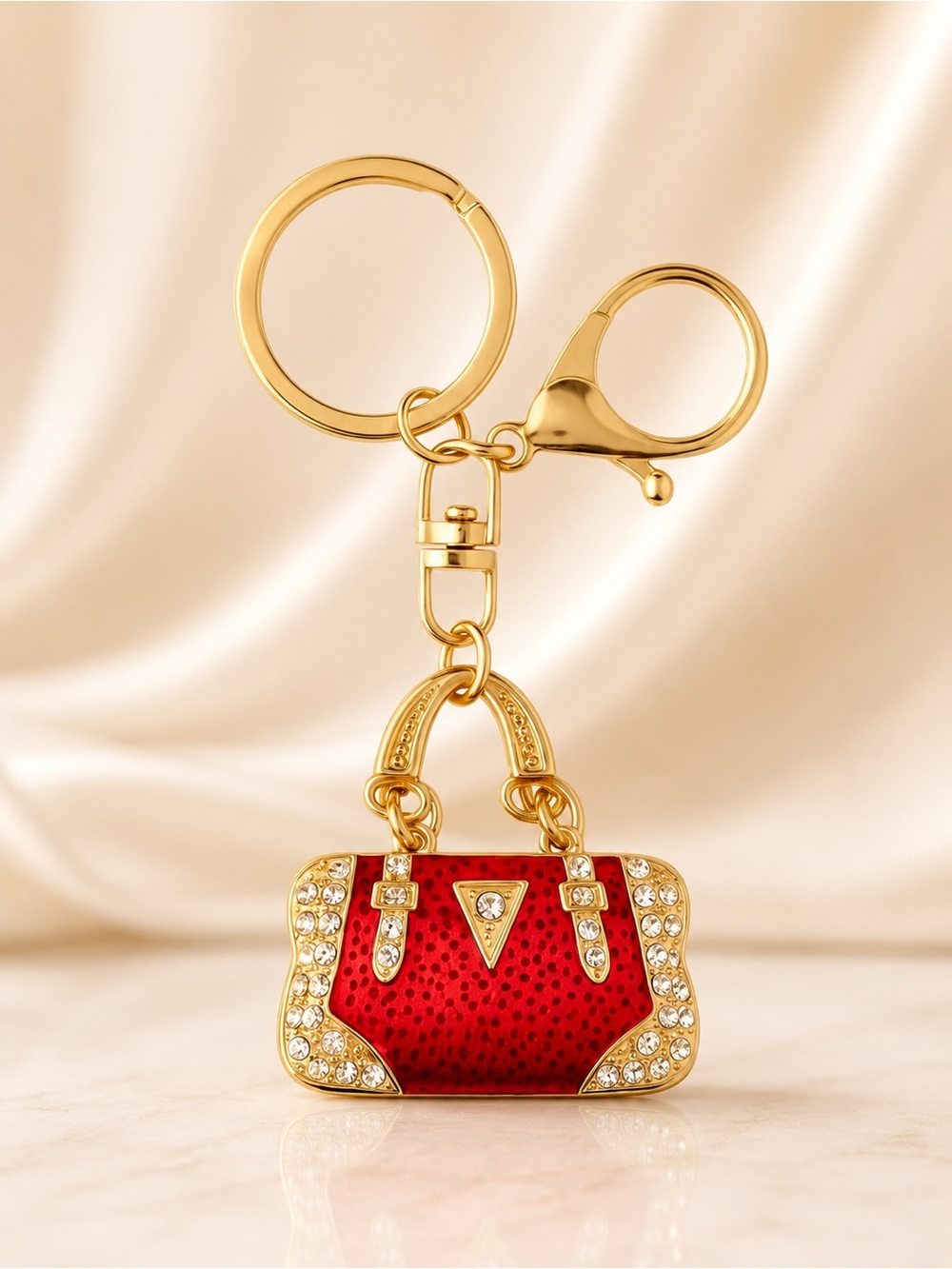 Red Rhinestone Purse Bag Charm Keychain Gold Handbag Charm Crystal Key Ring
